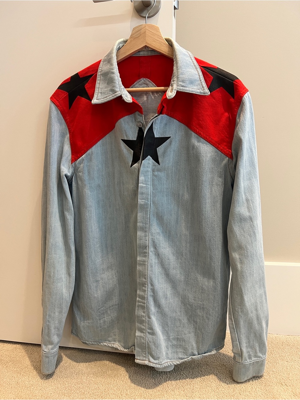 Givenchy Light Wash Denim Shirt with Red Yoke and Black Star Details